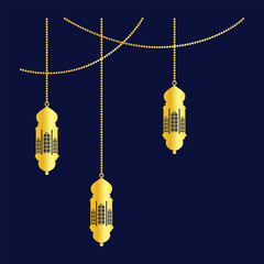 hanging golden color Arabic traditional Ramadan Kareem lantern collection set. Eid Fitr or Adha Mubarak lamp Greeting star gold symbol Outline line icon Vector Illustration