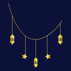 hanging golden color Arabic traditional Ramadan Kareem lantern collection set. Eid Fitr or Adha Mubarak lamp Greeting star gold symbol Outline line icon Vector Illustration