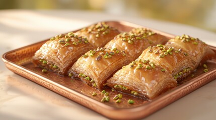Delicious flat lay of turkish baklava with pistachios kitchen table food warm lighting culinary art