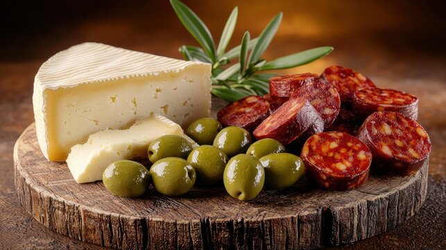 Delicious spanish tapas flat lay selection with cheese and olives rustic wooden board gourmet food warm lighting