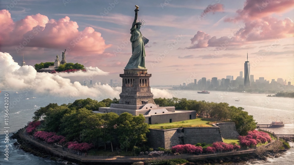 Poster surreal interpretation of liberty: a dreamlike landscape featuring a magnificent statue in a whimsic