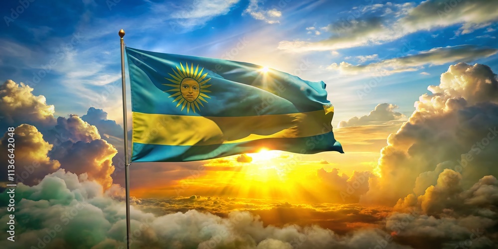 Poster surreal interpretation of the round flag of rwanda surrounded by dreamlike landscapes and ethereal e