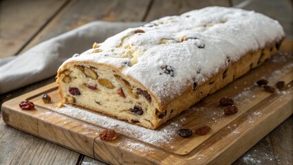 A freshly baked bread loaf dusted with powdered sugar, filled with dried cranberries and nuts, and sitting on a wooden cutting board