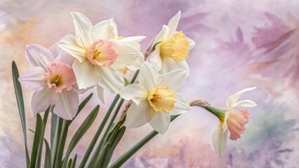 Fototapeta premium A delicate bouquet of daffodils, each bloom showcasing a unique blend of creamy white and soft pink hues, against a backdrop of ethereal watercolor washes.