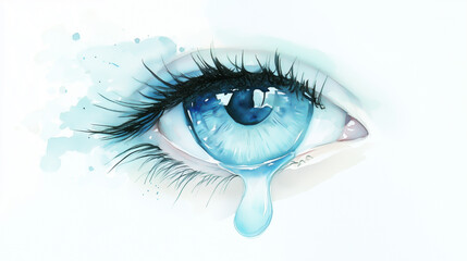 A single watercolor tear with light blue gradients, falling from an abstract eye, minimal and symbolic of vulnerability