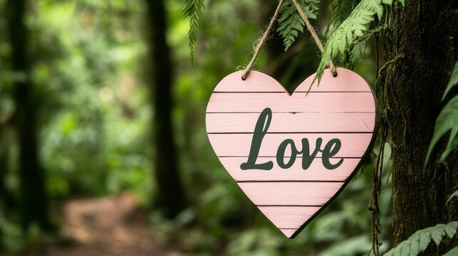 A heart-shaped sign reading Love hangs amidst lush greenery, perfect for themes related to romance or nature, This image can be used for wedding invitations, emotional blogs, or lifestyle magazines,