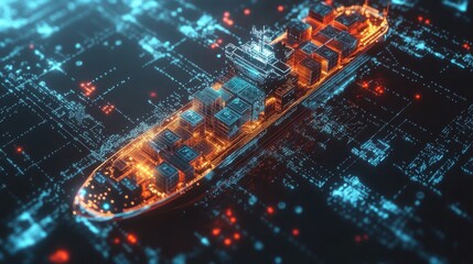 Futuristic cargo ship navigating through a digital landscape of data and technology.