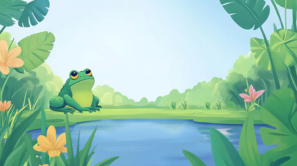Fototapeta premium green Toads lives near pond with wild plants and flowers growing around it for wetlands for World Wetlands Day banner
