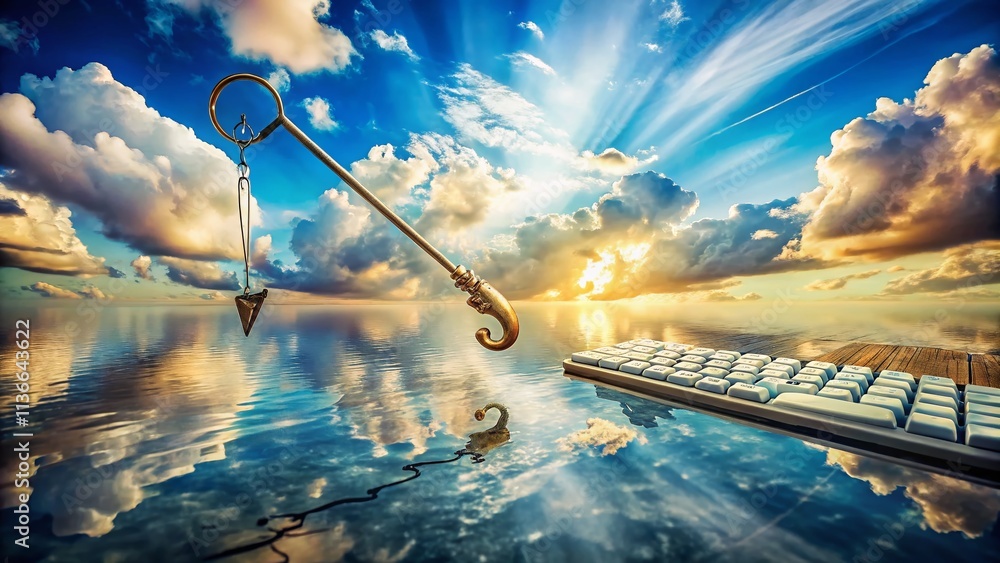 Poster surreal scene of a fishing hook pulling a key from underneath a keyboard, blending everyday objects 