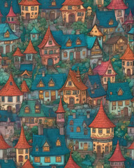 Fototapeta premium pattern with cartoon houses in the style of watercolor