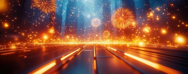 A vibrant, futuristic scene featuring glowing lights, dynamic particles, and a sense of celebration, evoking excitement and energy.