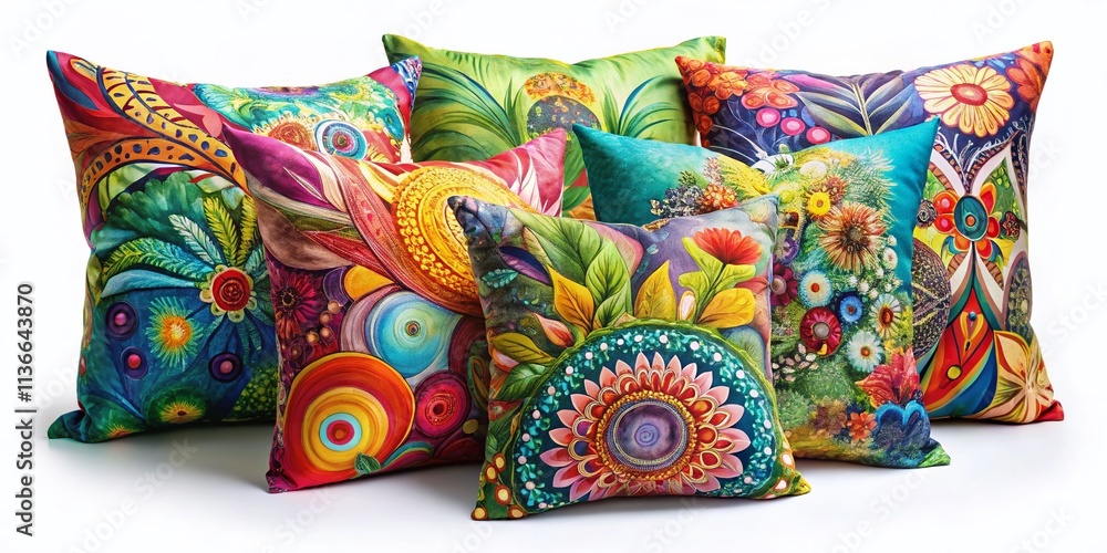 Poster surreal set of abstract printed pillows isolated on white background with unique patterns and textur