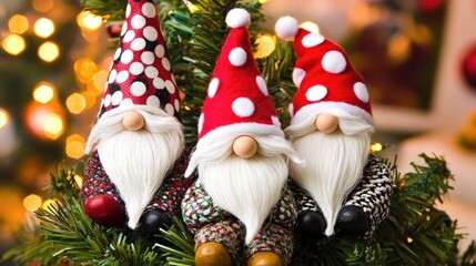Three Adorable Christmas Gnomes with White Beards and Colorful Polka-Dot Hats, Sitting on Evergreen Tree Amidst Decorated Christmas Lights, Festive Background, Detailed Facial Features, Red, White, Bl
