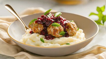 Delicious flat lay of swedish meatballs with lingonberries on creamy mashed potatoes cozy kitchen setting culinary