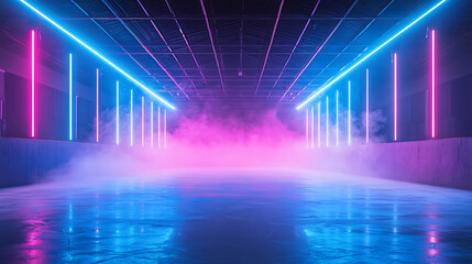 Ice Rink Background. Professional Arena illuminated blue, pink neon lights, spotlights with smoke. Copyspace. Winter poster for hockey competitions. Ice skating. Stadium