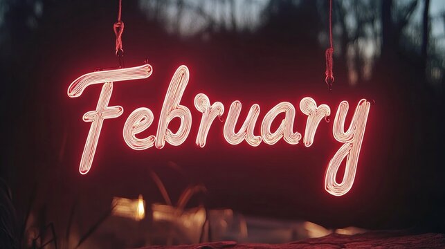 Neon February Sign Romantic Red And Pink Hues Against A Dark, Atmospheric Background