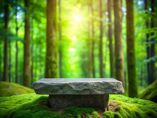 Surreal Stone Podium Product Display, Grey Rock Pedestal, Green Forest Background, Nature Landscape Photography