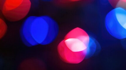 Blurred Red and Blue Police Lights with Bokeh Effect, Macro Photography Low Angle Shot, Dark Background High Resolution Image, No Text or Logo, Capturing Dramatic Night Scene
