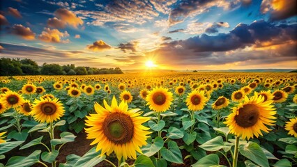 Obraz premium Surreal Sunflower Field: Vibrant Nature Photography, Lush Greenery, Bright Sky, Horizon, Summer Landscape