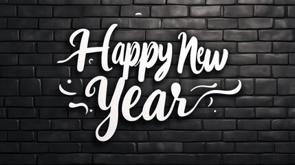 A stylish Happy New Year text is prominently displayed against a textured black brick wall, ideal for seasonal promotions, greeting cards, or social media posts celebrating the New Year,