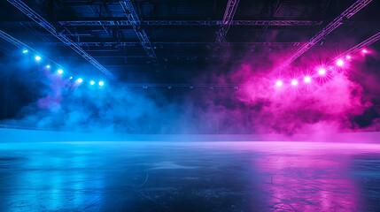Ice Rink Background. Professional Arena illuminated blue, pink neon lights, spotlights with smoke. Copyspace. Winter poster for hockey competitions. Ice skating. Stadium