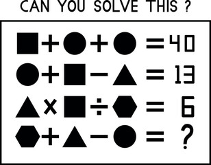 Mathematical count game. Matching task for kids with icon different shape. Can You solve this? Children funny riddle entertainment. Find right answer. Mathematics vector activity page and game.