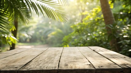 Rustic Wooden Tabletop with a Blurred Background of Lush Green Foliage in a Tranquil Forest Setting