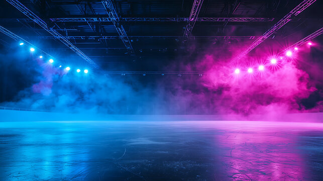 Ice Rink Background. Professional Arena illuminated blue, pink neon lights, spotlights with smoke. Copyspace. Winter poster for hockey competitions. Ice skating. Stadium