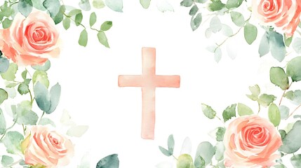 Watercolor Roses and Cross Floral Design