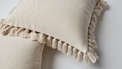  close-up view of a decorative pillow, showcasing its texture and design. The pillow is made of a light cream-colored fabric with a woven texture, giving it a soft and cozy appearance.