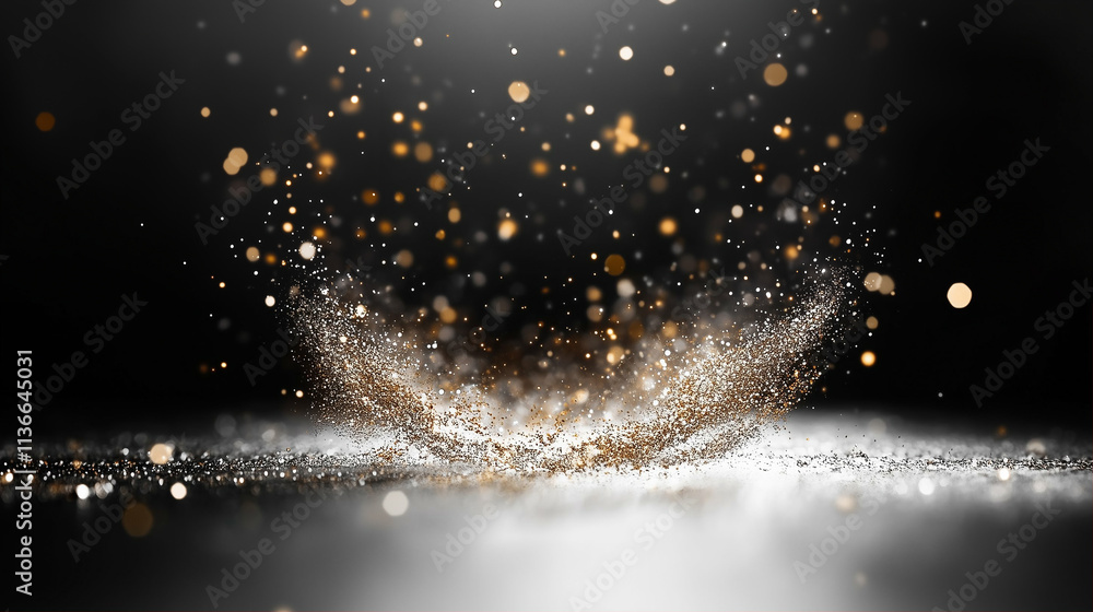 Poster sparkles and sparkling dust create a shimmering glitter effect on a dark background with soft bokeh 
