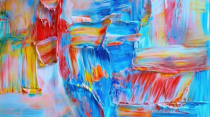 Abstract Blue and Red Painting, Oil on Canvas with Palette Knife Texture, Abstract Expressionist Art Style, Textured Paint Brush Strokes, Close-Up of Vibrant Cityscape Background, Brightly Colored Art