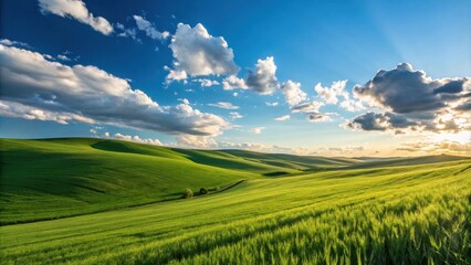 Fototapeta premium Rolling Green Hills Under a Clear Sky with Puffy Clouds