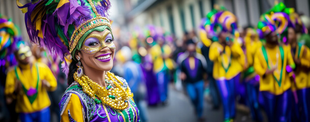 Smiling woman; Mardi gras dancer in the parade in the street; carnival traditional celebration panoramic web banner