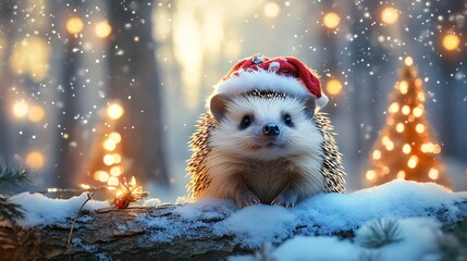 Fototapeta premium Adorable hedgehog in a festive hat sitting on a snowy log with glowing Christmas trees nearby