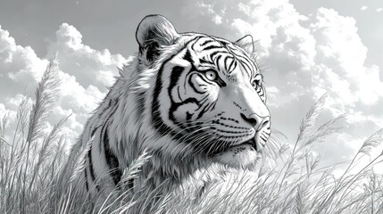 Obraz premium Majestic white tiger in grayscale, amidst tall grass under a cloudy sky.