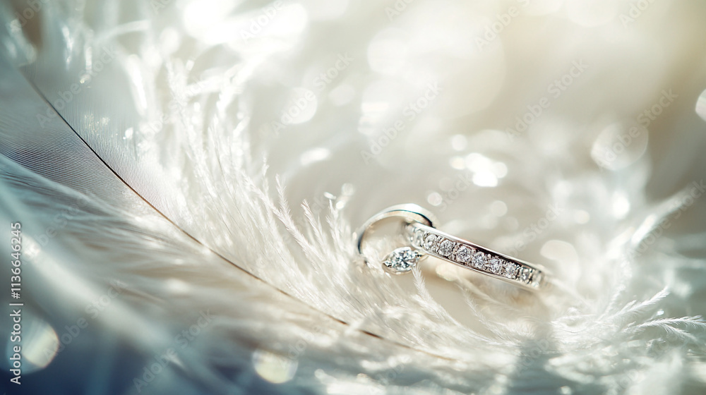 Poster elegant diamond ring resting on soft feather under soft light with bokeh effect