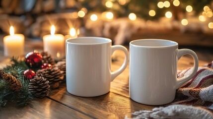 Mug of tasty hot chocolate and Christmas decor on light background