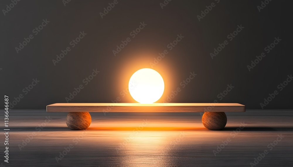 Poster enigmatic balance of light and shadow featuring a glowing sun on a minimalist wooden platform creati