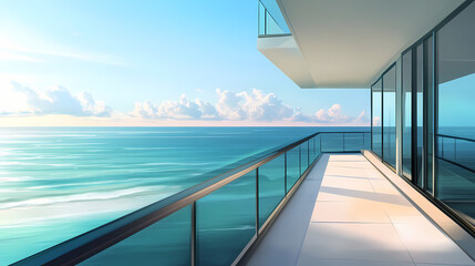 Fototapeta premium Sleek glass-railed balcony with sea breeze and ocean views, ocean view, balcony, breeze. Zephyrine. Illustration