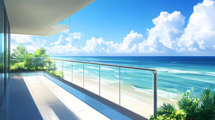 Fototapeta premium Sleek glass-railed balcony with sea breeze and ocean views, ocean view, balcony, breeze. Zephyrine. Illustration