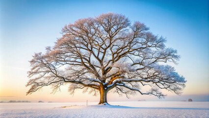 Fototapeta premium The Stark Beauty of a Winter Oak Tree Against a Pure White Backdrop Showcasing Nature's Elegance and Resilience in a Serene, Minimalist Setting