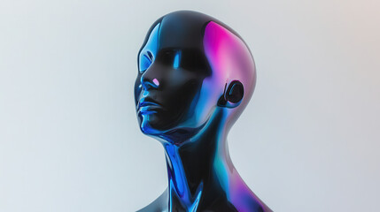 An expressive contemporary sculpture of a character with angular facial features, a futuristic aesthetic, and a unique ombre color gradient shifting from electric blue to vibrant purple. The backgroun