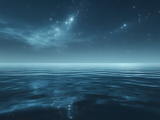 Serene Night Sea with Starry Sky and Calm Waters Reflecting Celestial Light, Perfect for Tranquil and Dreamy Atmosphere in Photographic Art and Design Projects