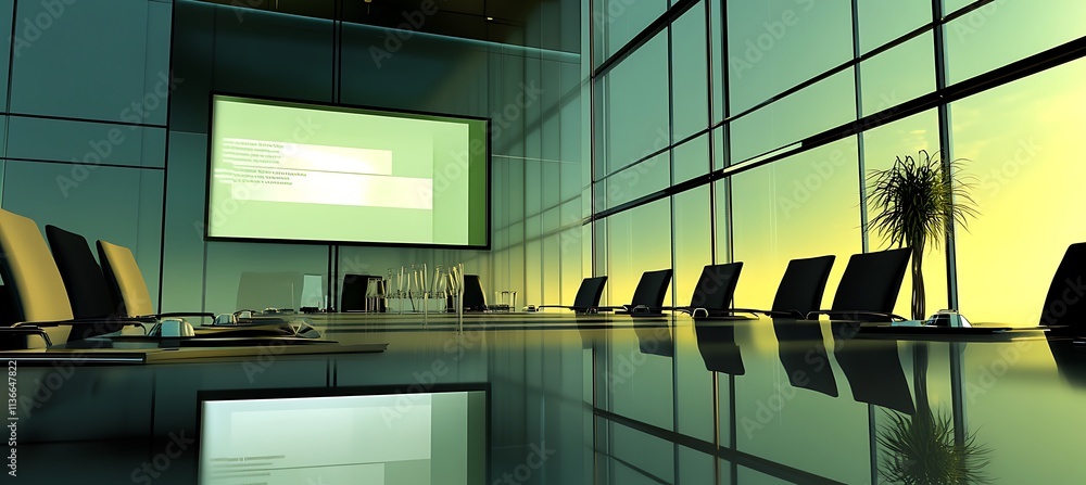 Poster a dynamic image of a business meeting with a focus on the screen displaying a business proposal, set