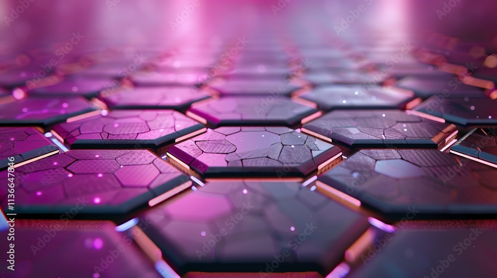 Poster a vibrant, futuristic hexagon-patterned surface illuminated with purple and pink hues, creating a dy