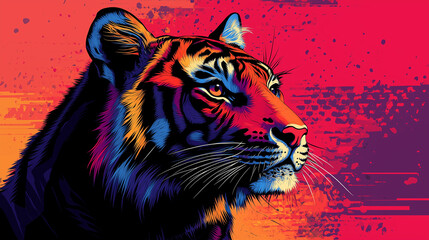 Vibrant portrait of a tiger showcasing bold colors and strong lines