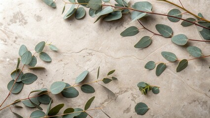 A simple yet elegant arrangement of eucalyptus branches on a neutral background, showcasing the beauty of nature in its natural form.