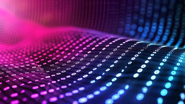 A vibrant wave of binary code illuminated in shades of pink and blue, creating a dynamic and futuristic digital landscape. good for desktop background