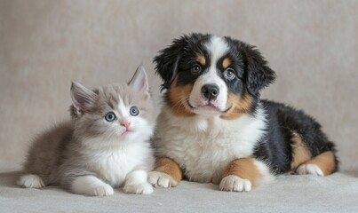 Fototapeta premium A kitten and a Bernese Mountain Dog puppy sitting together on a soft neutral background